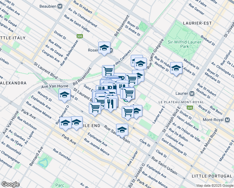 map of restaurants, bars, coffee shops, grocery stores, and more near 160 Rue Saint Viateur Est in Montréal