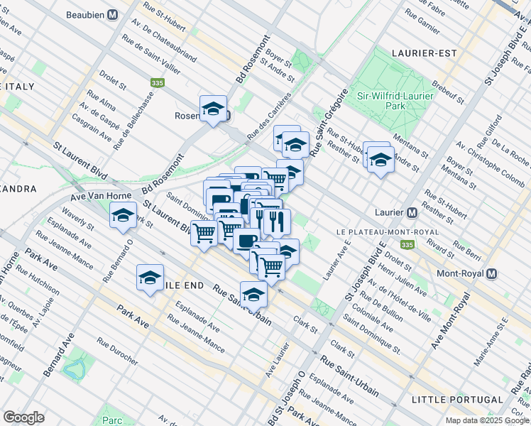 map of restaurants, bars, coffee shops, grocery stores, and more near 5445 Avenue de Gaspé in Montréal