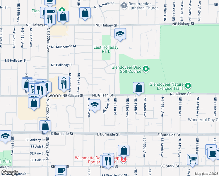 map of restaurants, bars, coffee shops, grocery stores, and more near 13007 Northeast Glisan Street in Portland