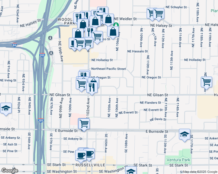 map of restaurants, bars, coffee shops, grocery stores, and more near 517 Northeast 106th Place in Portland