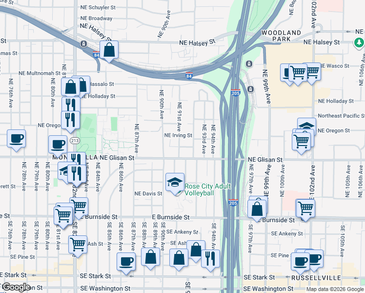 map of restaurants, bars, coffee shops, grocery stores, and more near 9129 Northeast Glisan Street in Portland
