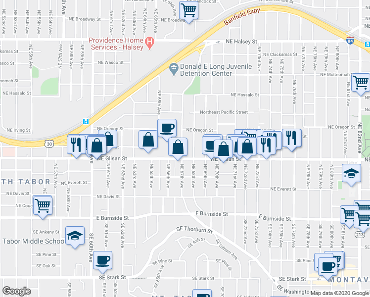 map of restaurants, bars, coffee shops, grocery stores, and more near 6805 Northeast Glisan Street in Portland