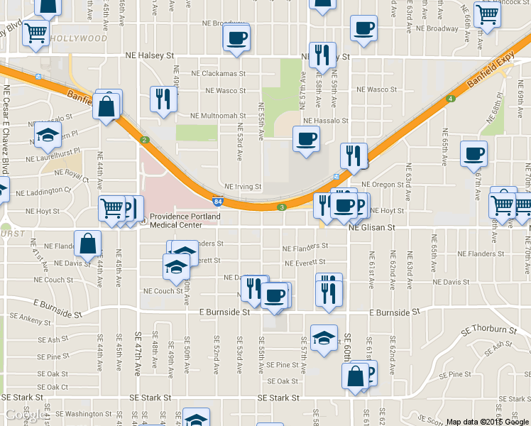 map of restaurants, bars, coffee shops, grocery stores, and more near 5525 Northeast Glisan Street in Portland