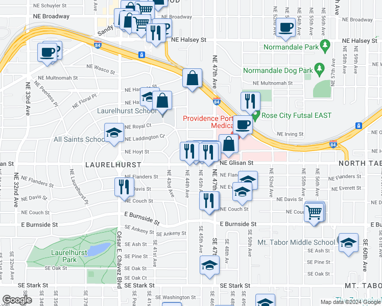 map of restaurants, bars, coffee shops, grocery stores, and more near 4359 Northeast Glisan Street in Portland