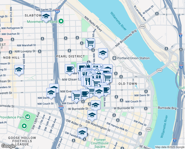 map of restaurants, bars, coffee shops, grocery stores, and more near 425 Northwest 9th Avenue in Portland