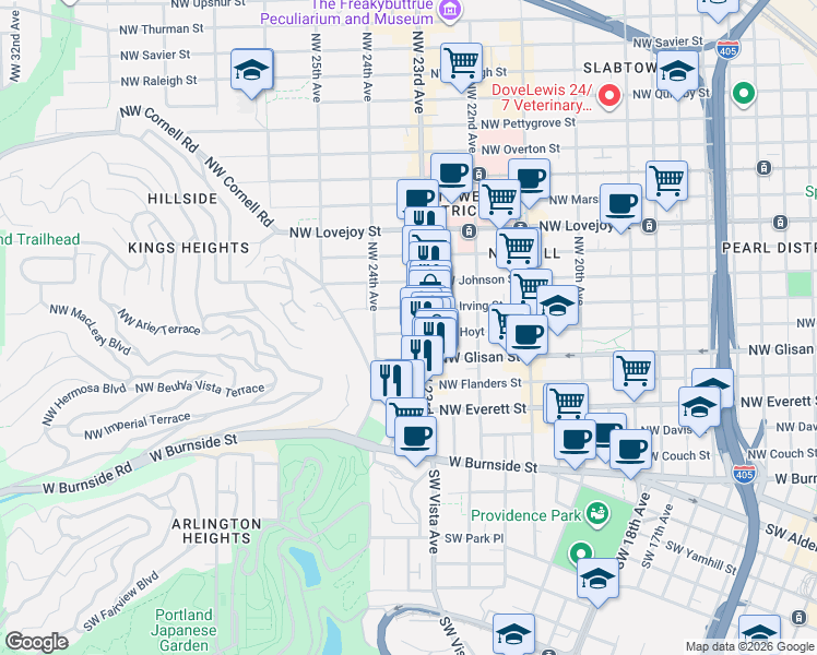 map of restaurants, bars, coffee shops, grocery stores, and more near 2285 Northwest Flanders Street in Portland