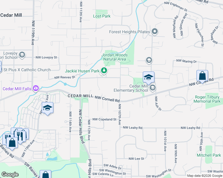 map of restaurants, bars, coffee shops, grocery stores, and more near 10887 Northwest Cornell Road in Portland