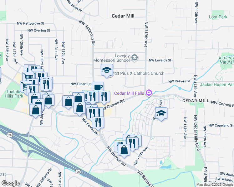 map of restaurants, bars, coffee shops, grocery stores, and more near 12275 Northwest Cornell Road in Portland