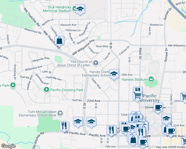 map of restaurants, bars, coffee shops, grocery stores, and more near 2515 Gales Way in Forest Grove