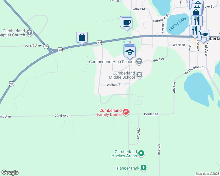 map of restaurants, bars, coffee shops, grocery stores, and more near 1540 Dani South Way in Cumberland