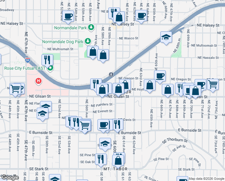 map of restaurants, bars, coffee shops, grocery stores, and more near 5910 Northeast Hoyt Street in Portland