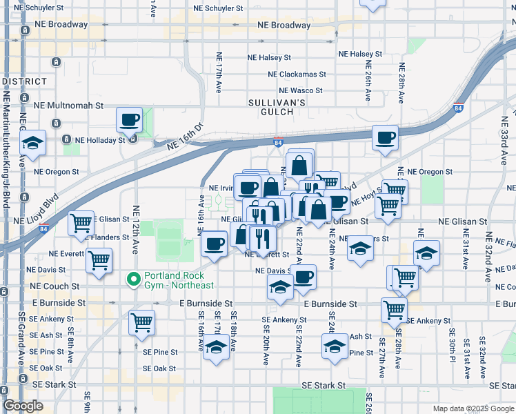 map of restaurants, bars, coffee shops, grocery stores, and more near 1914 Northeast Glisan Street in Portland