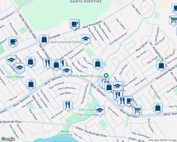 map of restaurants, bars, coffee shops, grocery stores, and more near 771 Rue Julien in Laval
