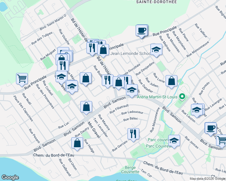 map of restaurants, bars, coffee shops, grocery stores, and more near 858 Boulevard de l'Hôtel-de-Ville in Laval