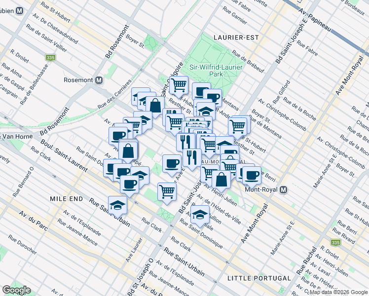 map of restaurants, bars, coffee shops, grocery stores, and more near 5140 Rue Saint-Denis in Montréal