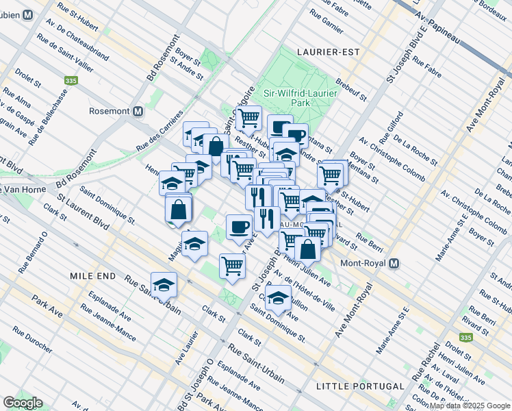 map of restaurants, bars, coffee shops, grocery stores, and more near 5140 Rue Saint-Denis in Montréal
