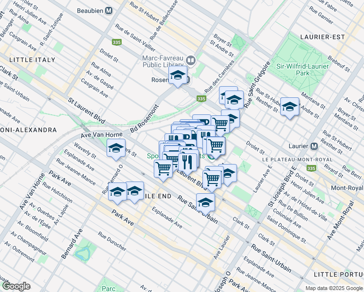 map of restaurants, bars, coffee shops, grocery stores, and more near 5554 Avenue Casgrain in Montréal