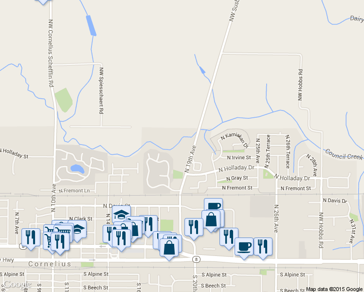 map of restaurants, bars, coffee shops, grocery stores, and more near 925 North 19th Avenue in Cornelius