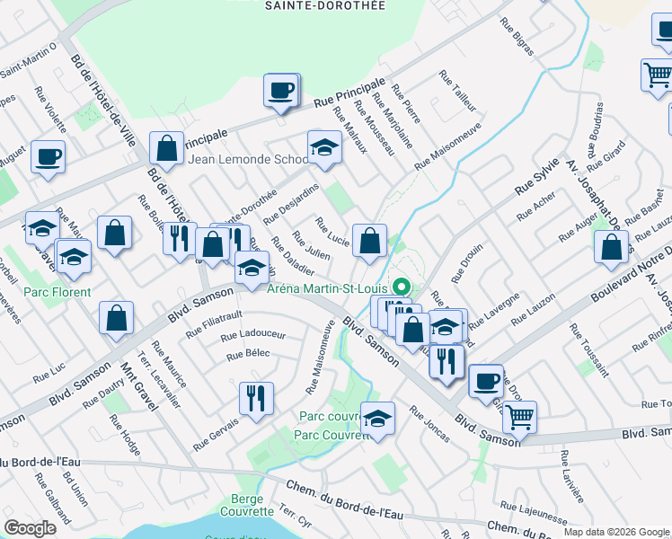map of restaurants, bars, coffee shops, grocery stores, and more near 771 Rue Julien in Laval