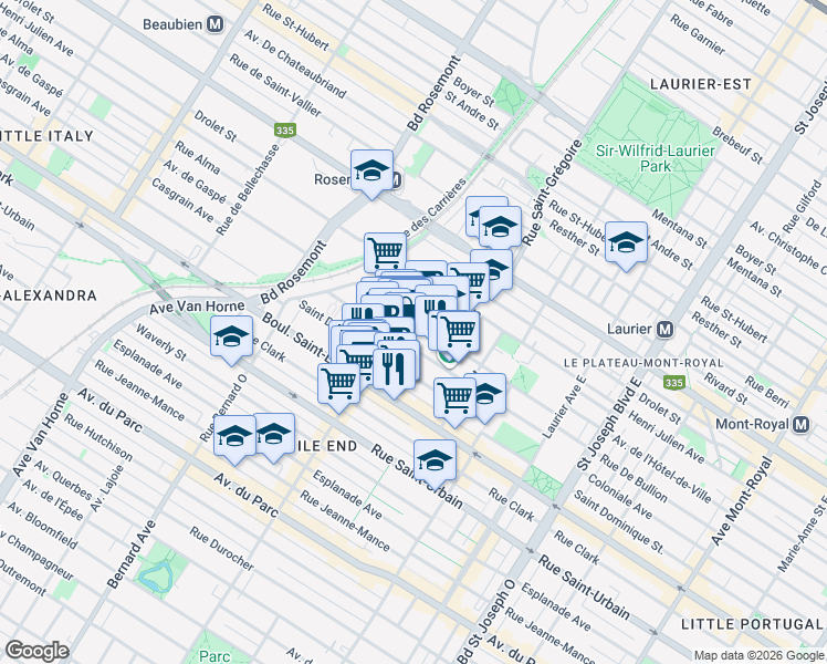 map of restaurants, bars, coffee shops, grocery stores, and more near in Montreal