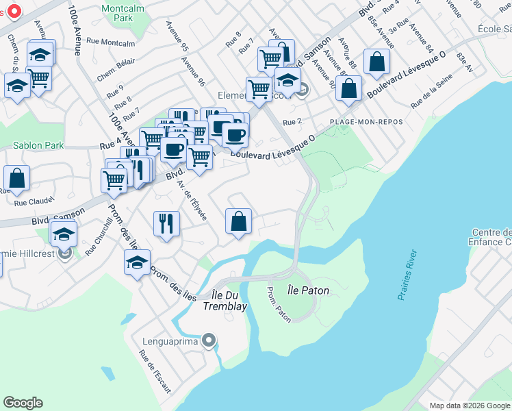 map of restaurants, bars, coffee shops, grocery stores, and more near in Laval