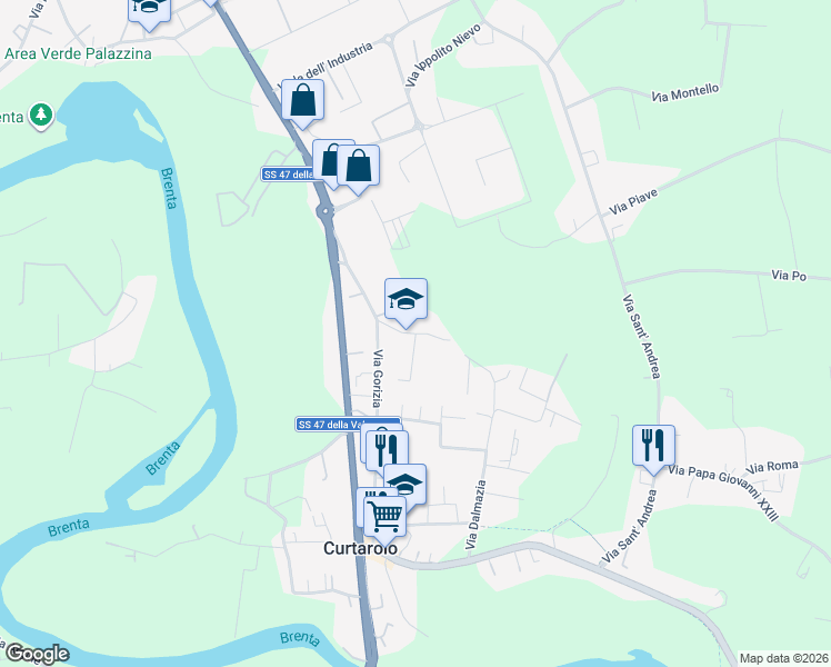 map of restaurants, bars, coffee shops, grocery stores, and more near 3 Via G. dei Menabuoi in Curtarolo