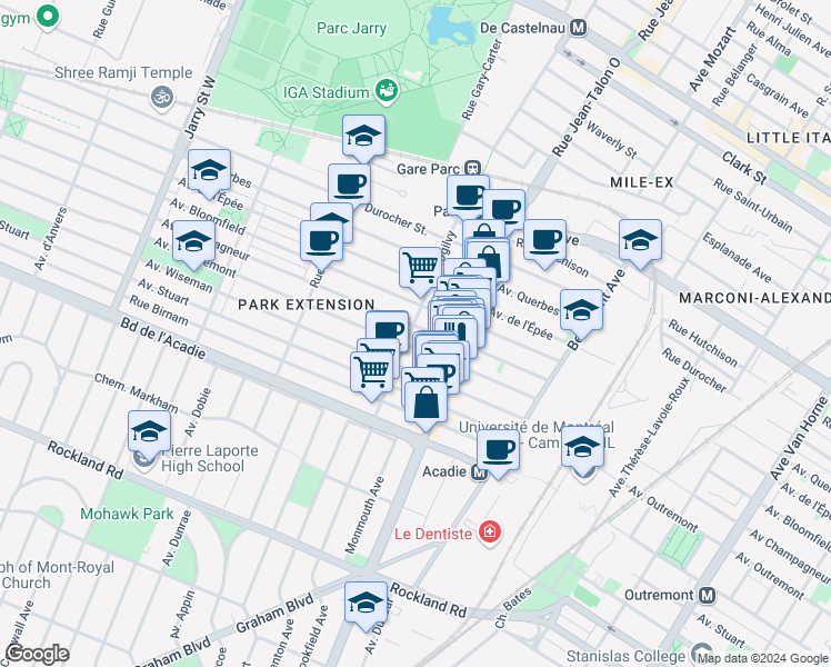 map of restaurants, bars, coffee shops, grocery stores, and more near 750 Avenue Ogilvy in Montréal