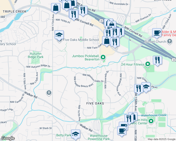 map of restaurants, bars, coffee shops, grocery stores, and more near 1001 Northwest Winged Foot Terrace in Beaverton