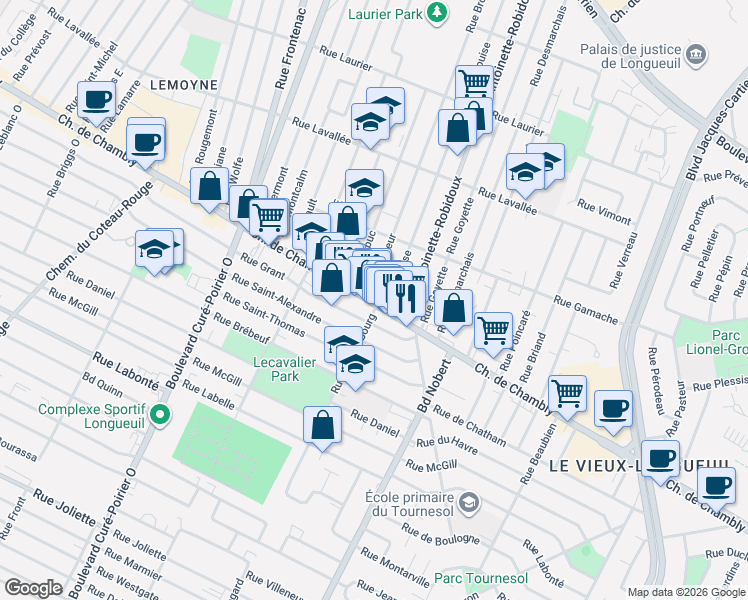 map of restaurants, bars, coffee shops, grocery stores, and more near 2177 Chemin de Chambly in Longueuil