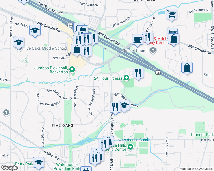 map of restaurants, bars, coffee shops, grocery stores, and more near 1115 Northwest 158th Avenue in Beaverton