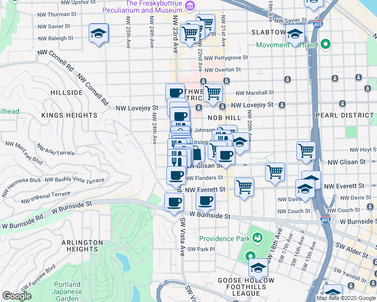 map of restaurants, bars, coffee shops, grocery stores, and more near 2257 Northwest Hoyt Street in Portland
