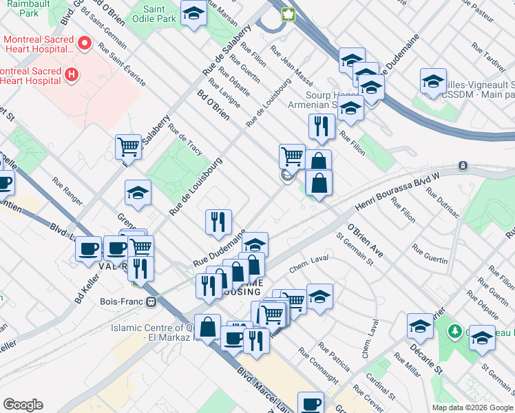 map of restaurants, bars, coffee shops, grocery stores, and more near 5275 Rue Dudemaine in Montréal