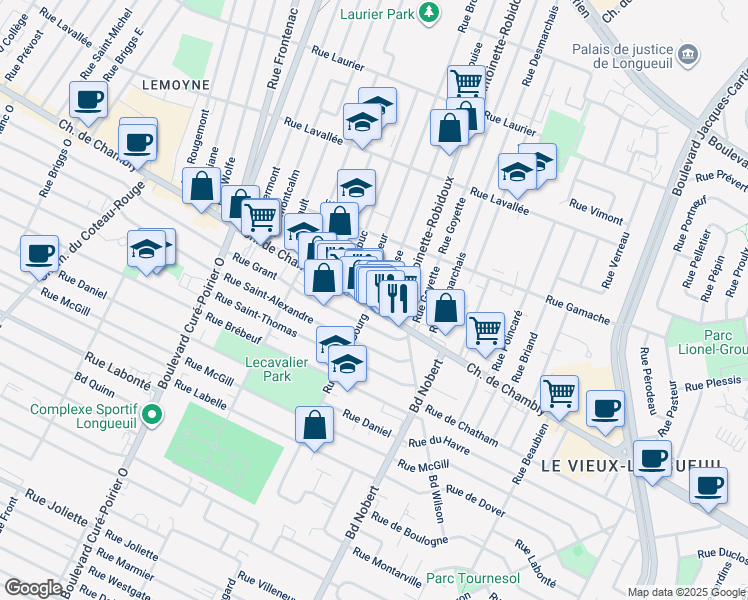 map of restaurants, bars, coffee shops, grocery stores, and more near in Longueuil