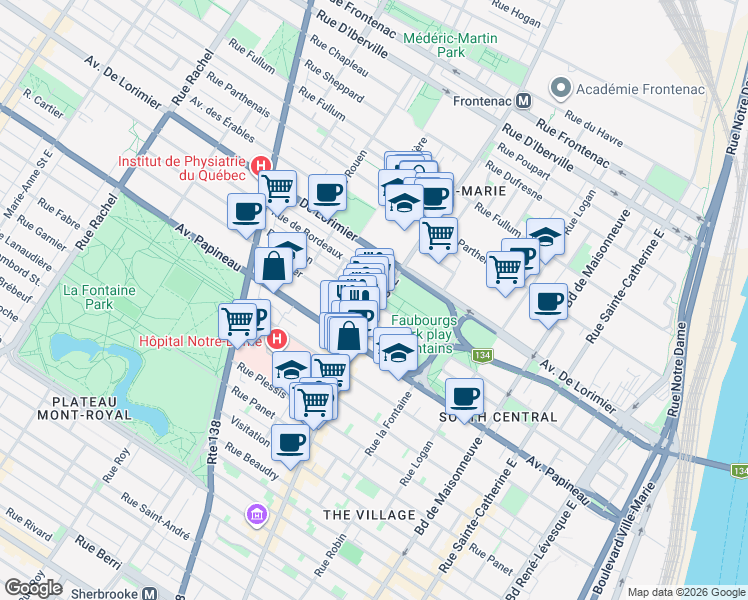 map of restaurants, bars, coffee shops, grocery stores, and more near 2005 Rue Dorion in Montréal