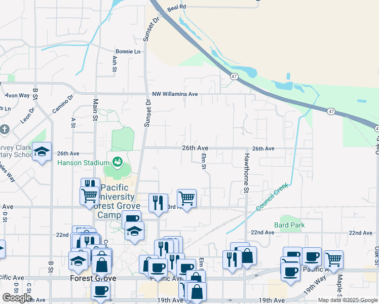 map of restaurants, bars, coffee shops, grocery stores, and more near 2422 25th Avenue in Forest Grove