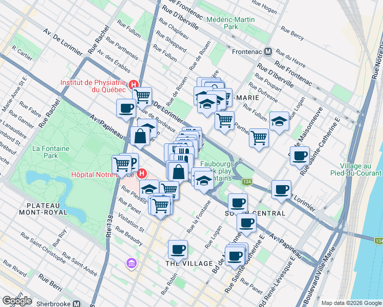 map of restaurants, bars, coffee shops, grocery stores, and more near 2005 Rue Dorion in Montréal
