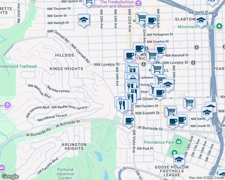 map of restaurants, bars, coffee shops, grocery stores, and more near 2436 Northwest Westover Road in Portland