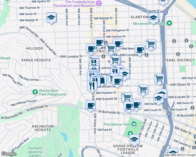 map of restaurants, bars, coffee shops, grocery stores, and more near 2225 Northwest Glisan Street in Portland