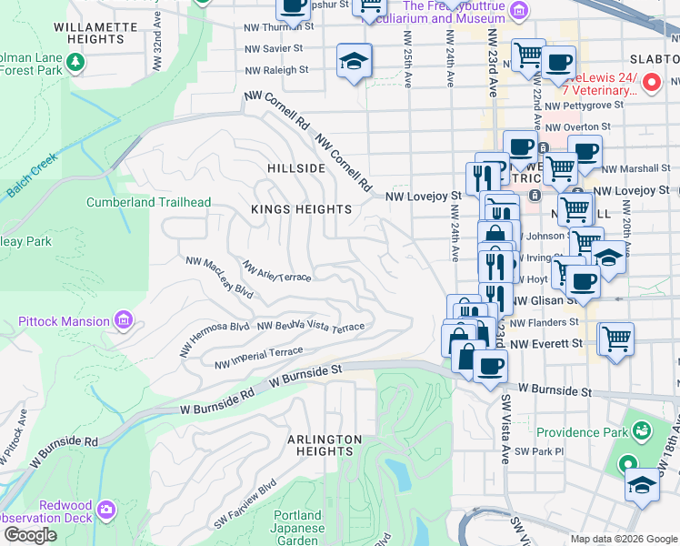 map of restaurants, bars, coffee shops, grocery stores, and more near 480 Northwest Albemarle Terrace in Portland