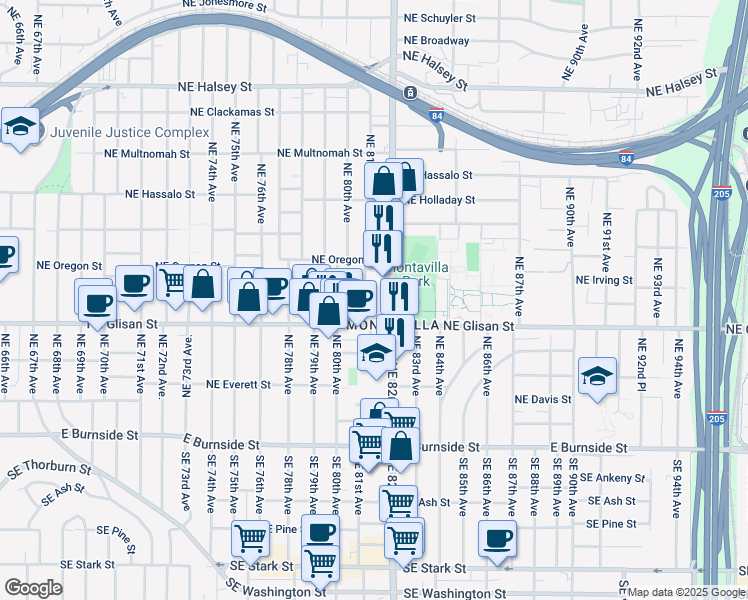 map of restaurants, bars, coffee shops, grocery stores, and more near 8101 Northeast Glisan Street in Portland