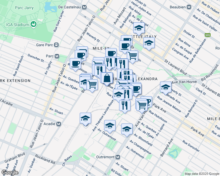 map of restaurants, bars, coffee shops, grocery stores, and more near 400 Avenue Atlantic in Montréal