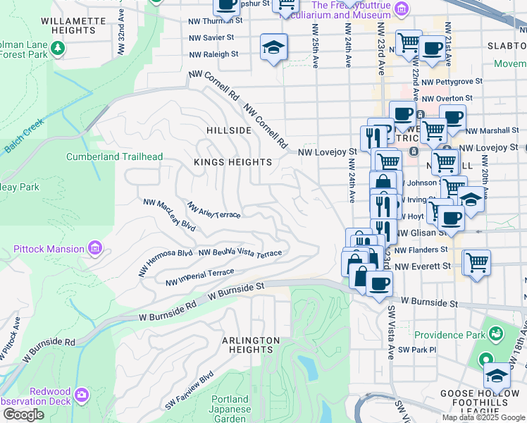 map of restaurants, bars, coffee shops, grocery stores, and more near 480 Northwest Albemarle Terrace in Portland