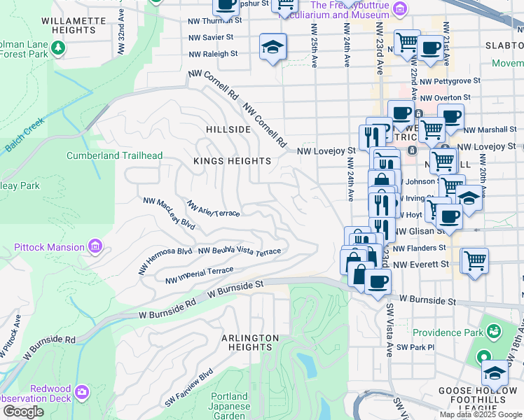 map of restaurants, bars, coffee shops, grocery stores, and more near 480 Northwest Albemarle Terrace in Portland