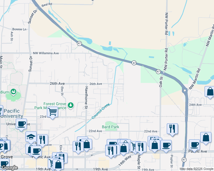 map of restaurants, bars, coffee shops, grocery stores, and more near 2856 26th Avenue in Forest Grove
