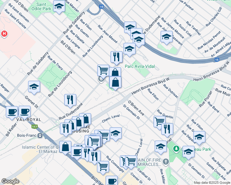 map of restaurants, bars, coffee shops, grocery stores, and more near 11650 Boulevard O'Brien in Montrã©Al