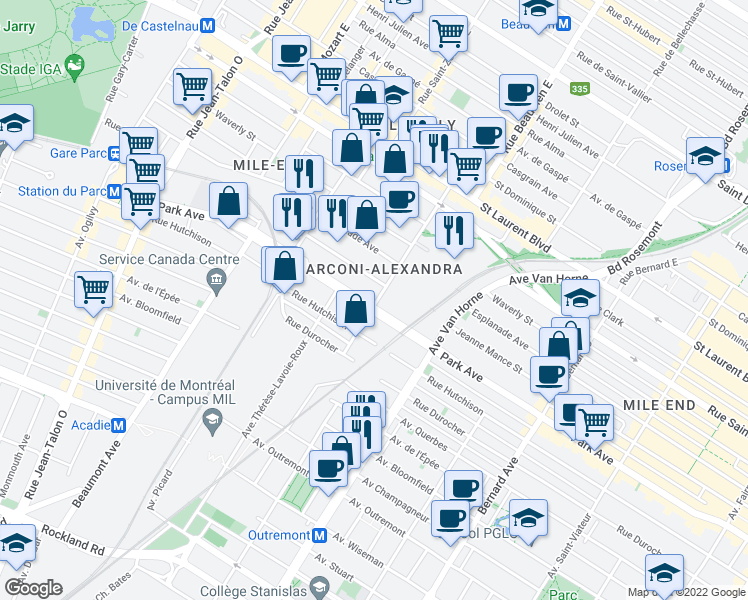 map of restaurants, bars, coffee shops, grocery stores, and more near 275 Rue Beaubien Ouest in Montréal