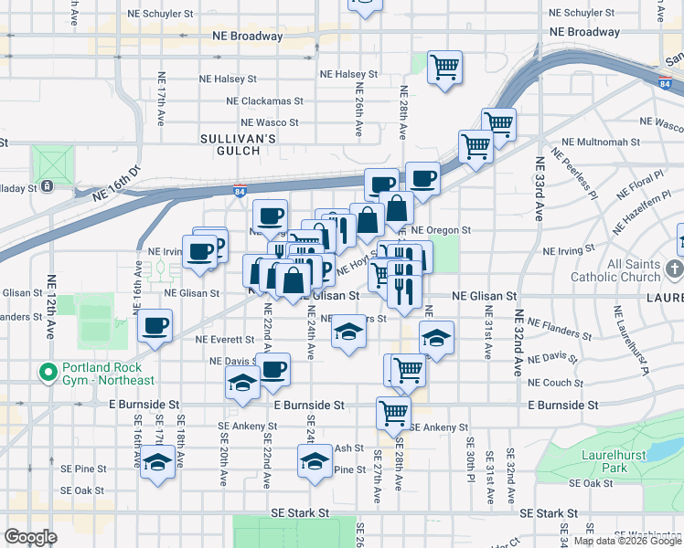 map of restaurants, bars, coffee shops, grocery stores, and more near 2525 Northeast Glisan Street in Portland