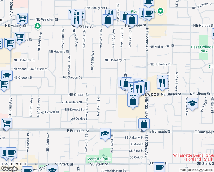 map of restaurants, bars, coffee shops, grocery stores, and more near 11505 Northeast Glisan Street in Portland