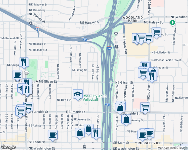 map of restaurants, bars, coffee shops, grocery stores, and more near 9265 Northeast Glisan Street in Portland