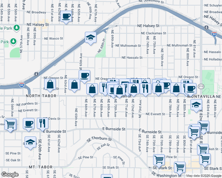 map of restaurants, bars, coffee shops, grocery stores, and more near 6925 Northeast Glisan Street in Portland
